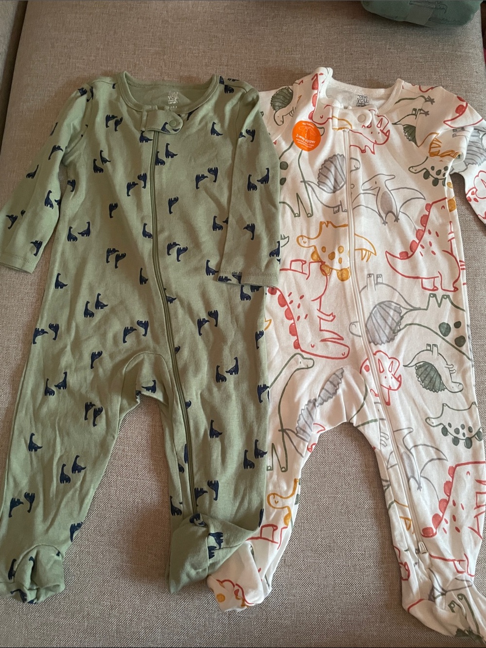 Kids Footed One-Piece Sleepers - Green and White Dinosaur Print